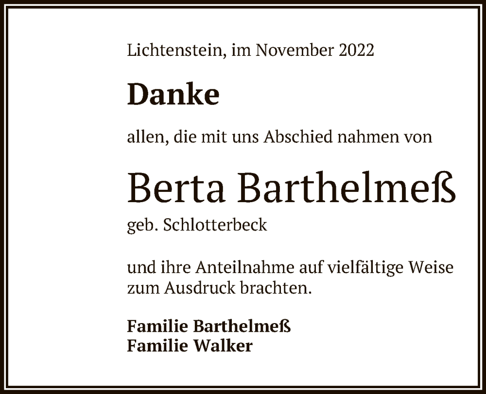  Traueranzeige für Berta Barthelmeß vom 15.11.2022 aus Reutlinger General-Anzeiger