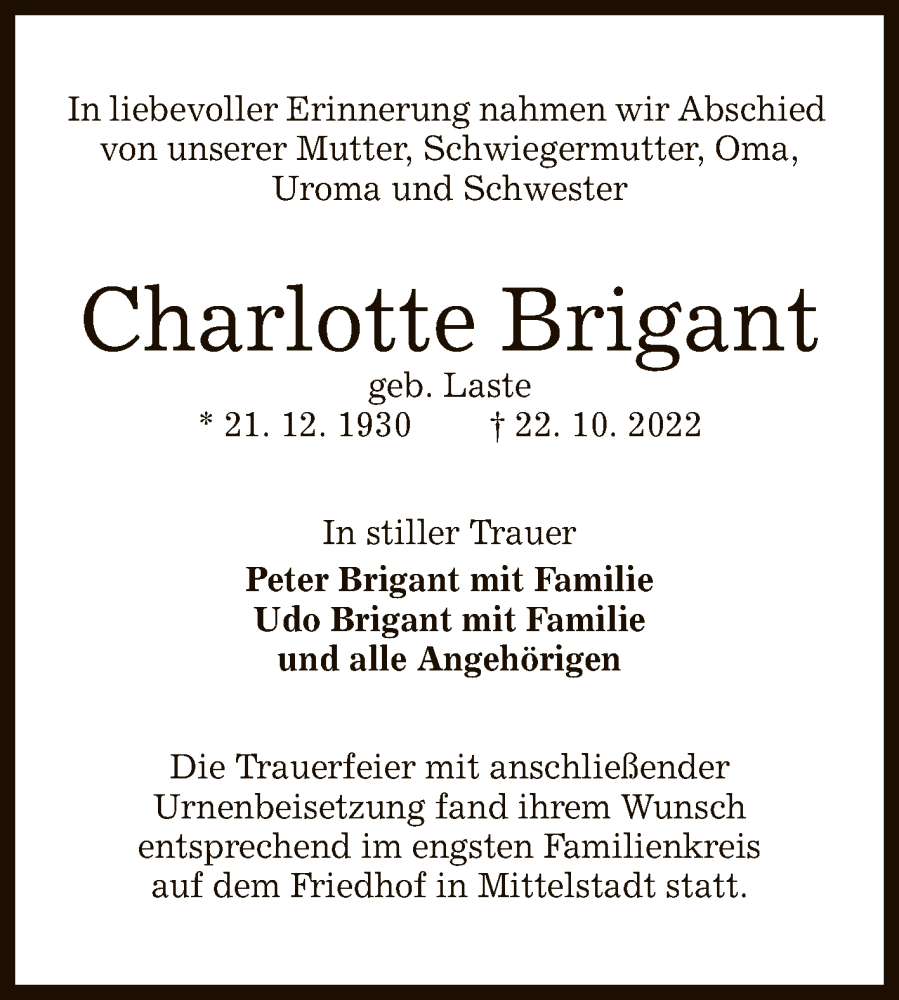  Traueranzeige für Charlotte Brigant vom 12.11.2022 aus Reutlinger General-Anzeiger