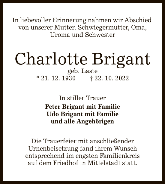 Anzeige von Charlotte Brigant von Reutlinger General-Anzeiger