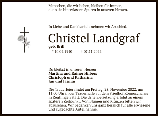 Anzeige von Christel Landgraf von Reutlinger General-Anzeiger