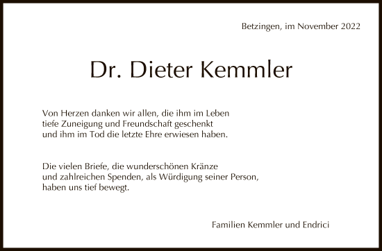 Anzeige von Dieter Kemmler von Reutlinger General-Anzeiger