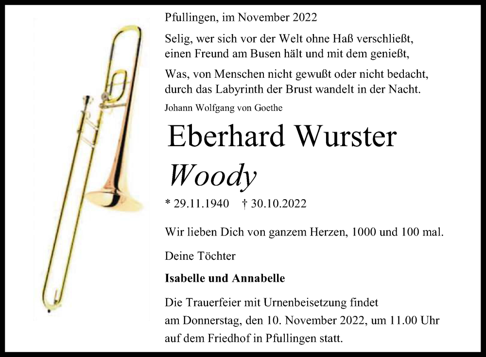  Traueranzeige für Eberhard Wurster vom 05.11.2022 aus Reutlinger General-Anzeiger