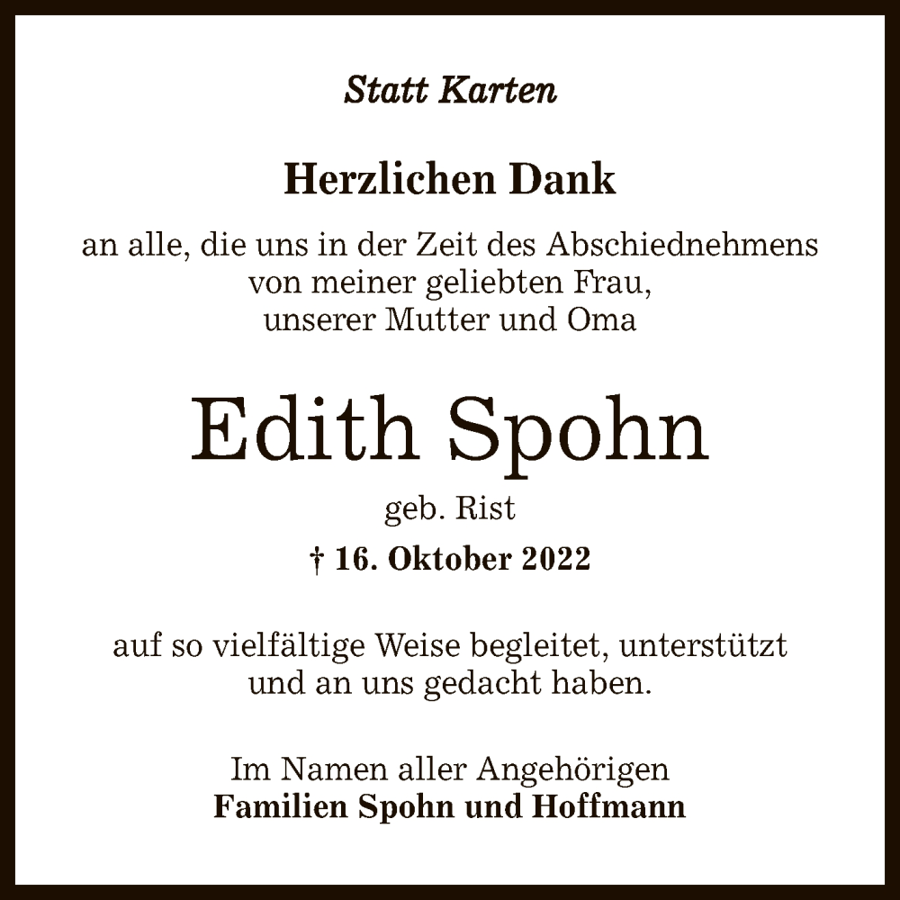  Traueranzeige für Edith Spohn vom 04.11.2022 aus Reutlinger General-Anzeiger