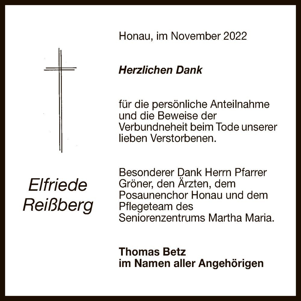  Traueranzeige für Elfriede Reißberg vom 26.11.2022 aus Reutlinger General-Anzeiger