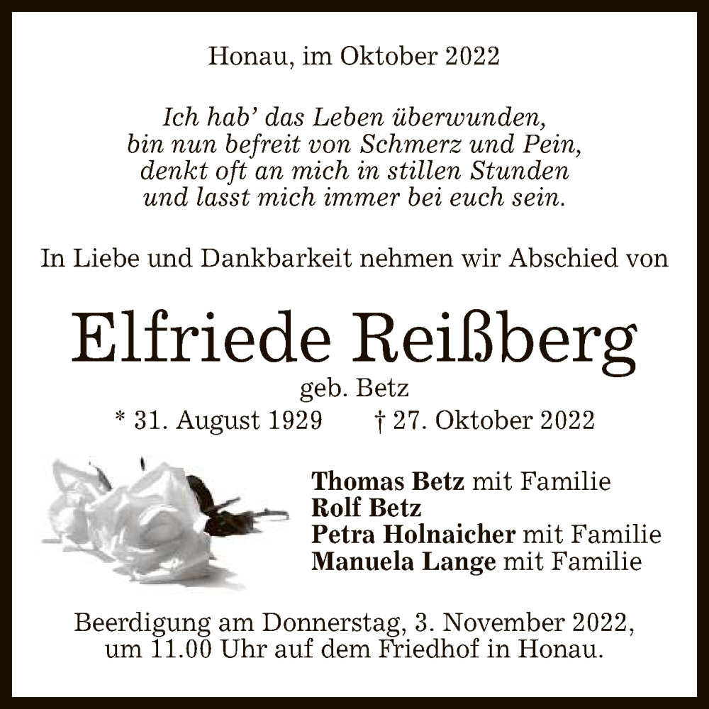  Traueranzeige für Elfriede Reißberg vom 02.11.2022 aus Reutlinger General-Anzeiger