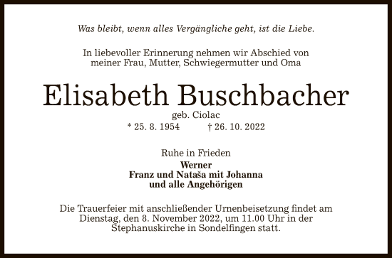 Anzeige von Elisabeth Buschbacher von Reutlinger General-Anzeiger