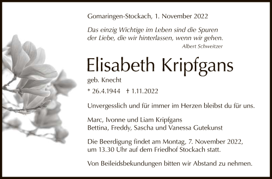 Anzeige von Elisabeth Kripfgans von Reutlinger General-Anzeiger