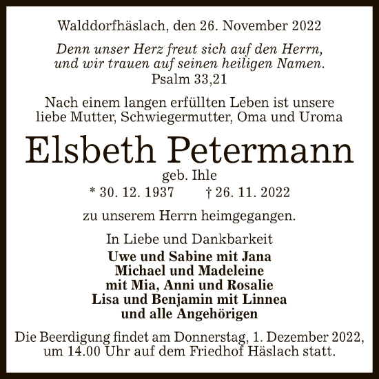 Anzeige von Elsbeth Petermann von Reutlinger General-Anzeiger