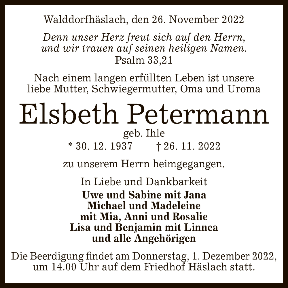 Traueranzeige für Elsbeth Petermann vom 29.11.2022 aus Reutlinger General-Anzeiger