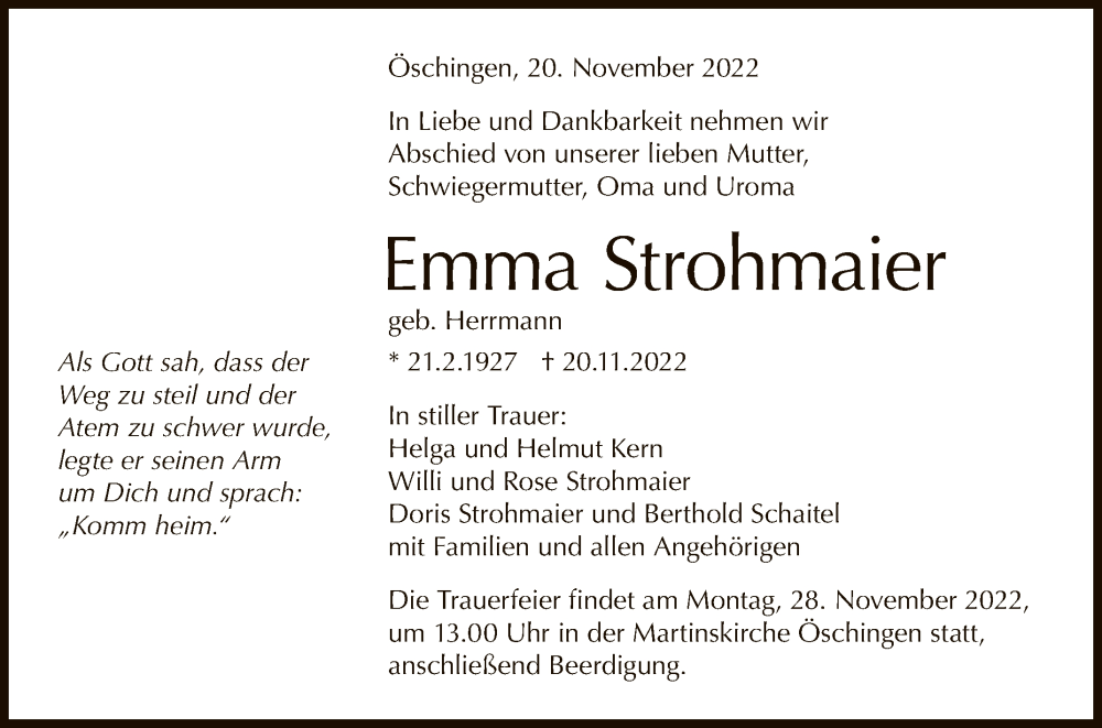 Traueranzeige für Emma Strohmaier vom 24.11.2022 aus Reutlinger General-Anzeiger