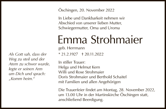 Anzeige von Emma Strohmaier von Reutlinger General-Anzeiger