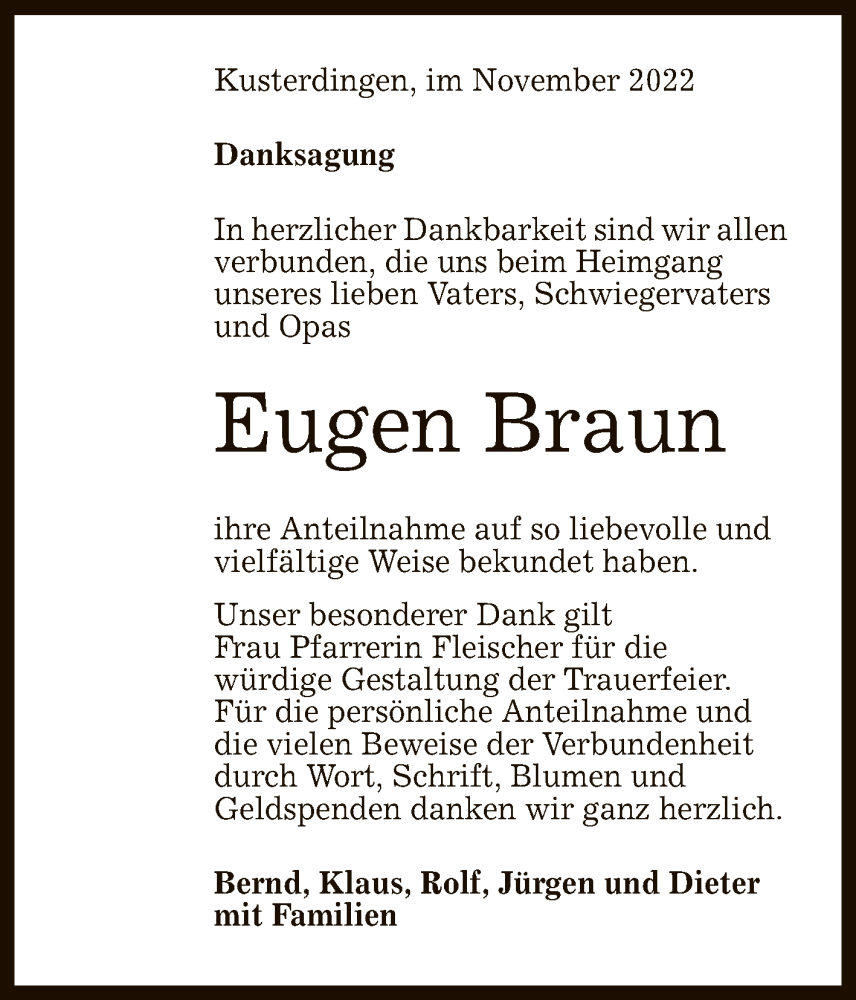  Traueranzeige für Eugen Braun vom 19.11.2022 aus Reutlinger General-Anzeiger