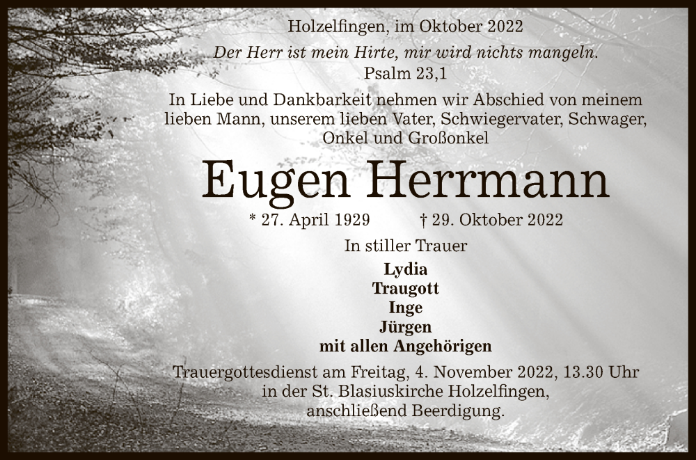  Traueranzeige für Eugen Herrmann vom 02.11.2022 aus Reutlinger General-Anzeiger