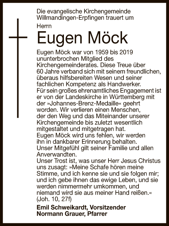 Anzeige von Eugen Möck von Reutlinger General-Anzeiger