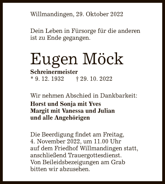 Anzeige von Eugen Möck von Reutlinger General-Anzeiger