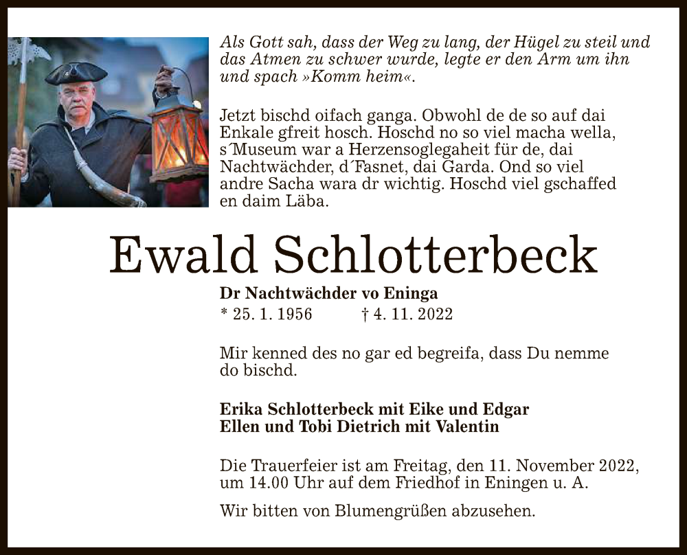  Traueranzeige für Ewald Schlotterbeck vom 08.11.2022 aus Reutlinger General-Anzeiger