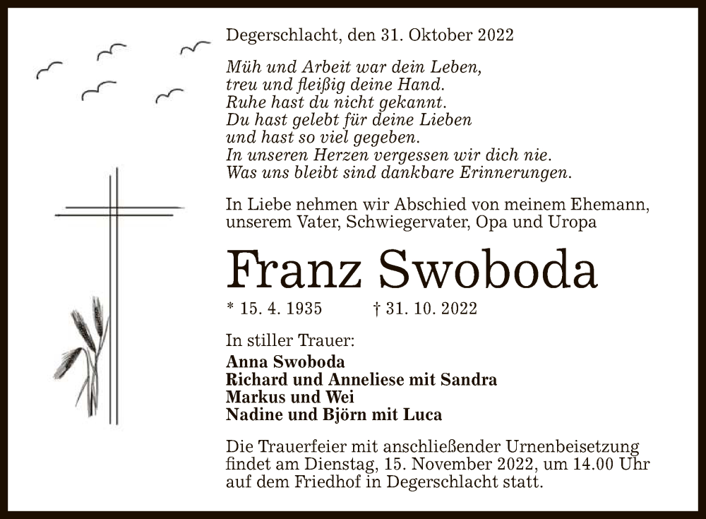  Traueranzeige für Franz Swoboda vom 12.11.2022 aus Reutlinger General-Anzeiger