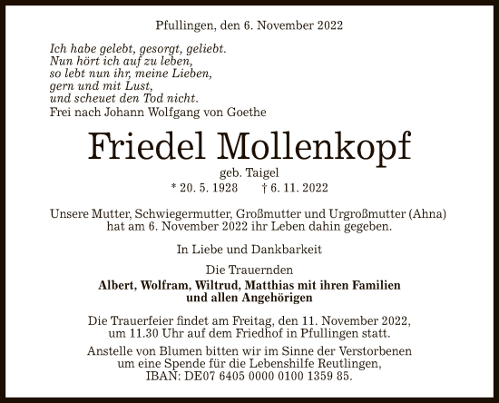 Anzeige von Friedel Mollenkopf von Reutlinger General-Anzeiger