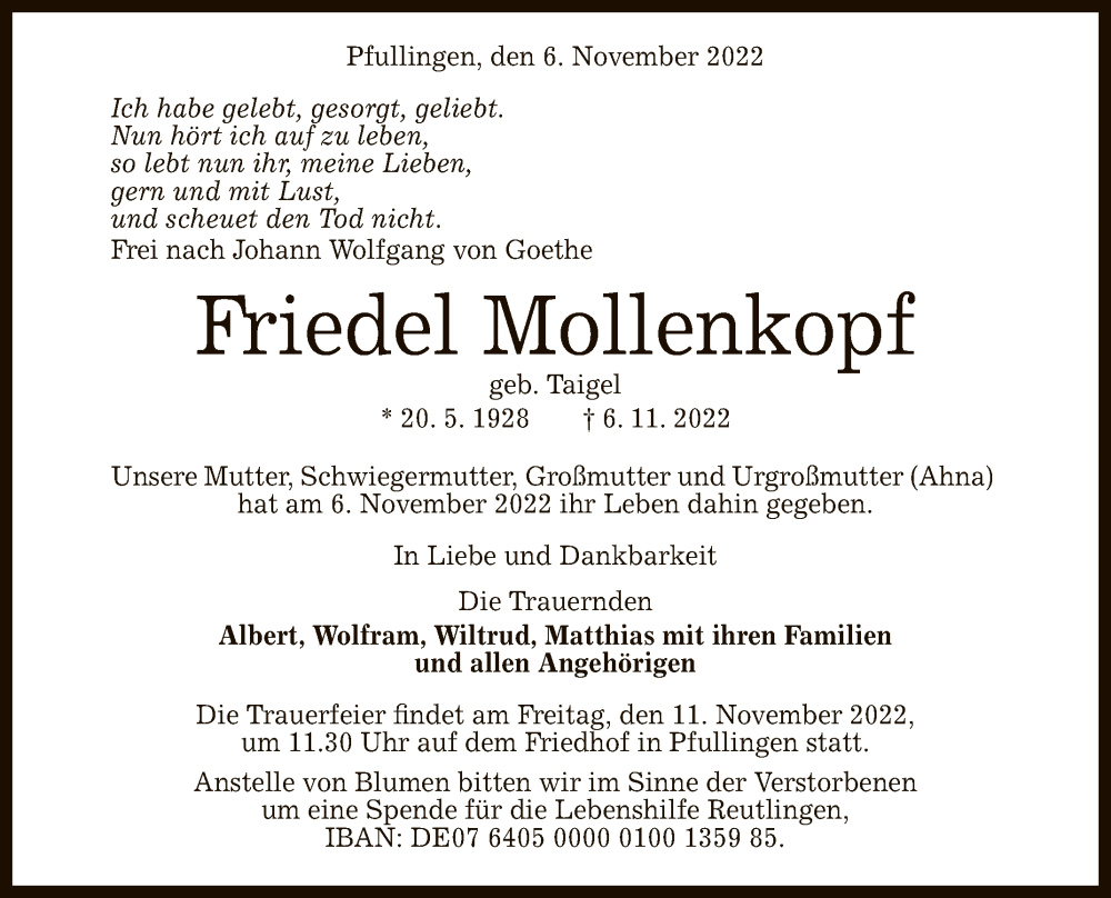 Traueranzeige für Friedel Mollenkopf vom 09.11.2022 aus Reutlinger General-Anzeiger