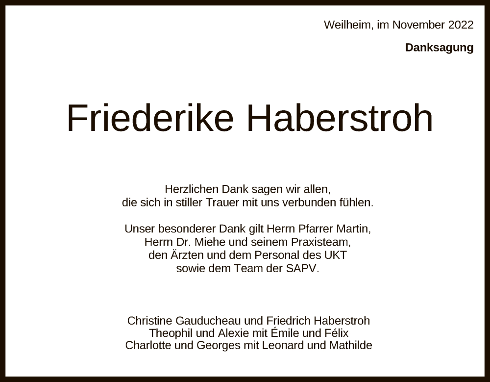  Traueranzeige für Friederike Haberstroh vom 19.11.2022 aus Reutlinger General-Anzeiger