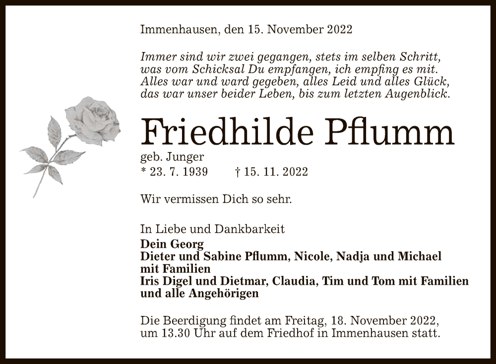  Traueranzeige für Friedhilde Pflumm vom 17.11.2022 aus Reutlinger General-Anzeiger