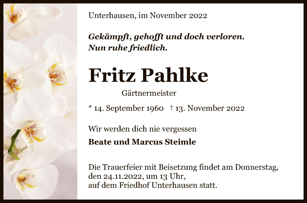  Traueranzeige für Fritz Pahlke vom 19.11.2022 aus Reutlinger General-Anzeiger