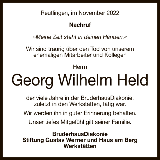 Anzeige von Georg Wilhelm Held von Reutlinger General-Anzeiger