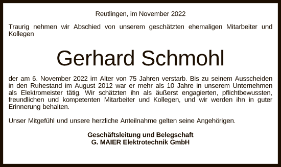 Anzeige von Gerhard Schmohl von Reutlinger General-Anzeiger