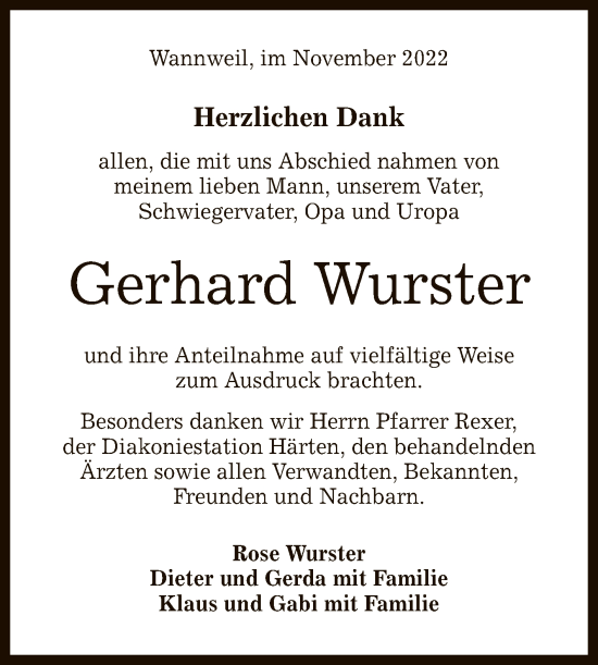 Anzeige von Gerhard Wurster von Reutlinger General-Anzeiger