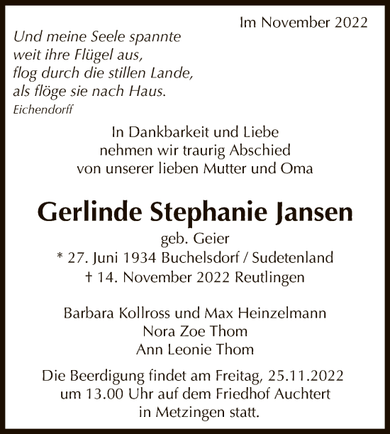 Anzeige von Gerlinde Stephanie Jansen von Reutlinger General-Anzeiger