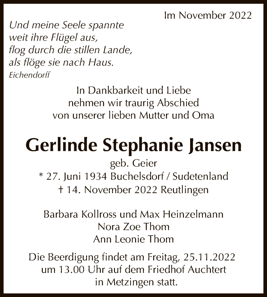  Traueranzeige für Gerlinde Stephanie Jansen vom 19.11.2022 aus Reutlinger General-Anzeiger
