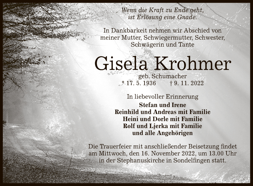  Traueranzeige für Gisela Krohmer vom 12.11.2022 aus Reutlinger General-Anzeiger