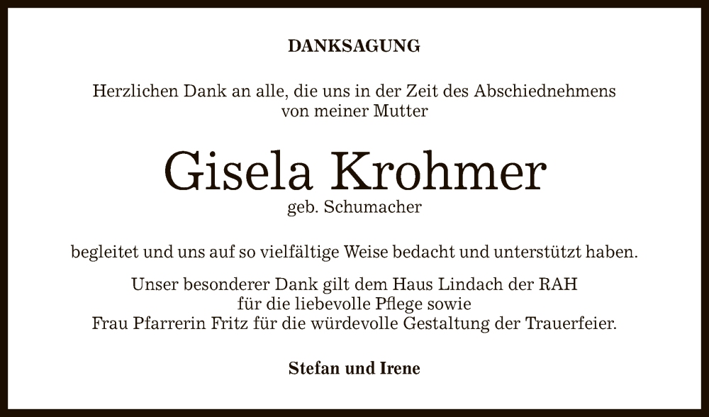  Traueranzeige für Gisela Krohmer vom 26.11.2022 aus Reutlinger General-Anzeiger