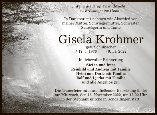 Anzeige von Gisela Krohmer von Reutlinger General-Anzeiger