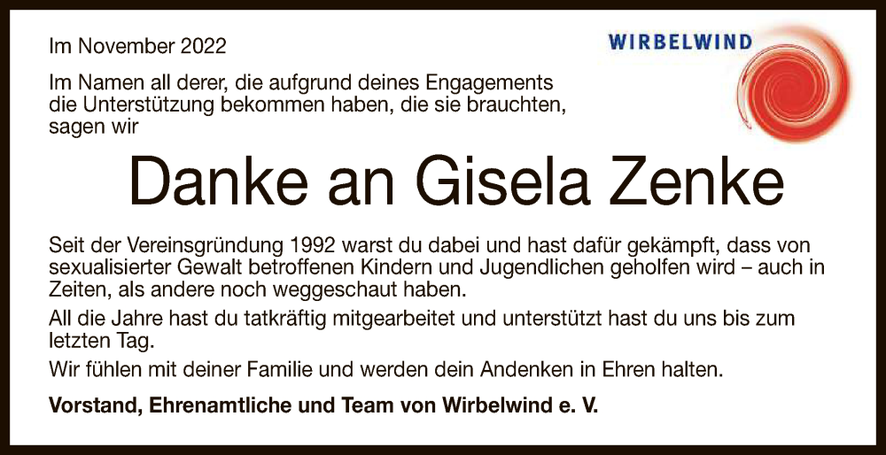  Traueranzeige für Gisela Zenke vom 18.11.2022 aus Reutlinger General-Anzeiger