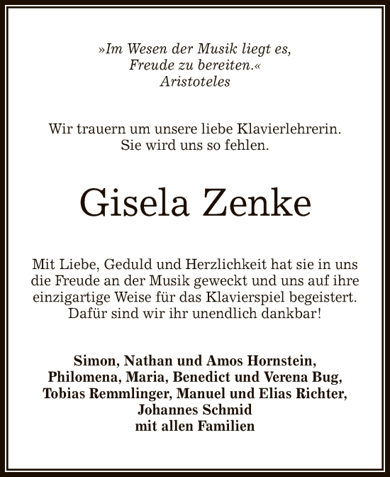 Anzeige von Gisela Zenke von Reutlinger General-Anzeiger
