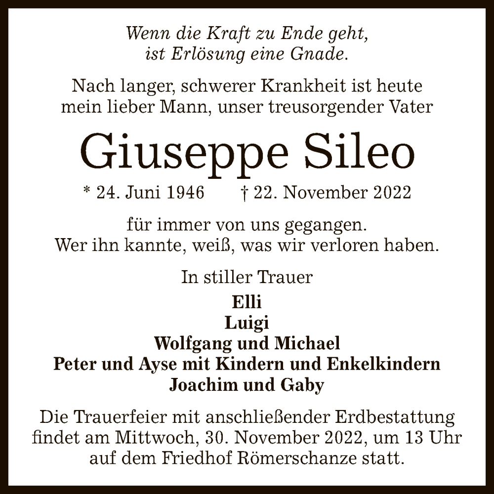  Traueranzeige für Giuseppe Sileo vom 26.11.2022 aus Reutlinger General-Anzeiger