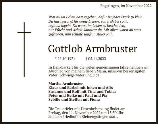 Anzeige von Gottlob Armbruster von Reutlinger General-Anzeiger