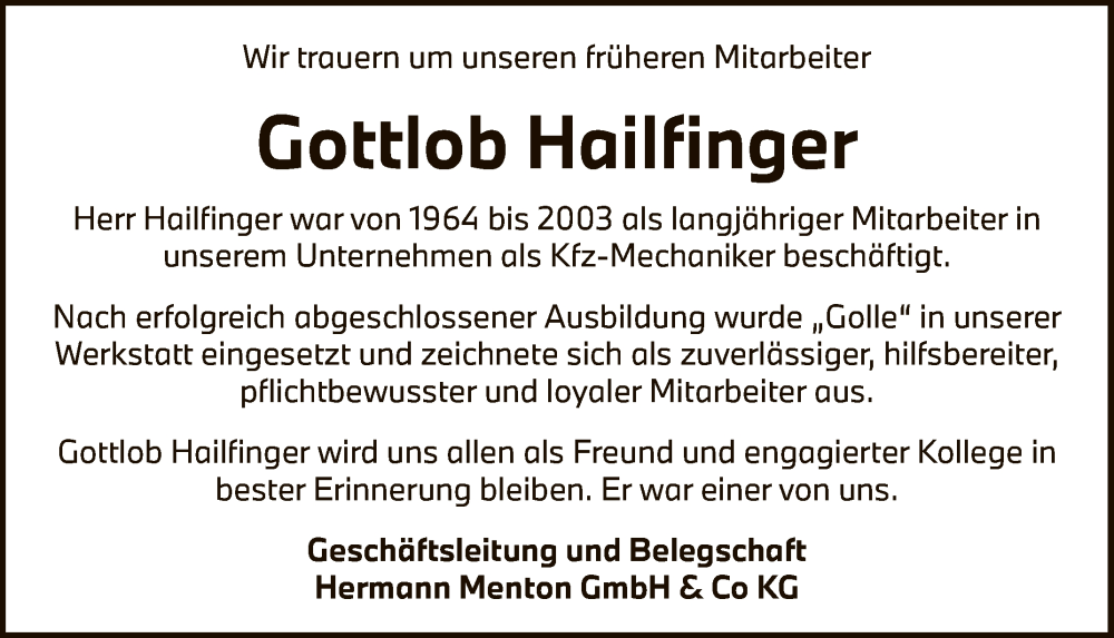  Traueranzeige für Gottlob Hailfinger vom 02.11.2022 aus Reutlinger General-Anzeiger