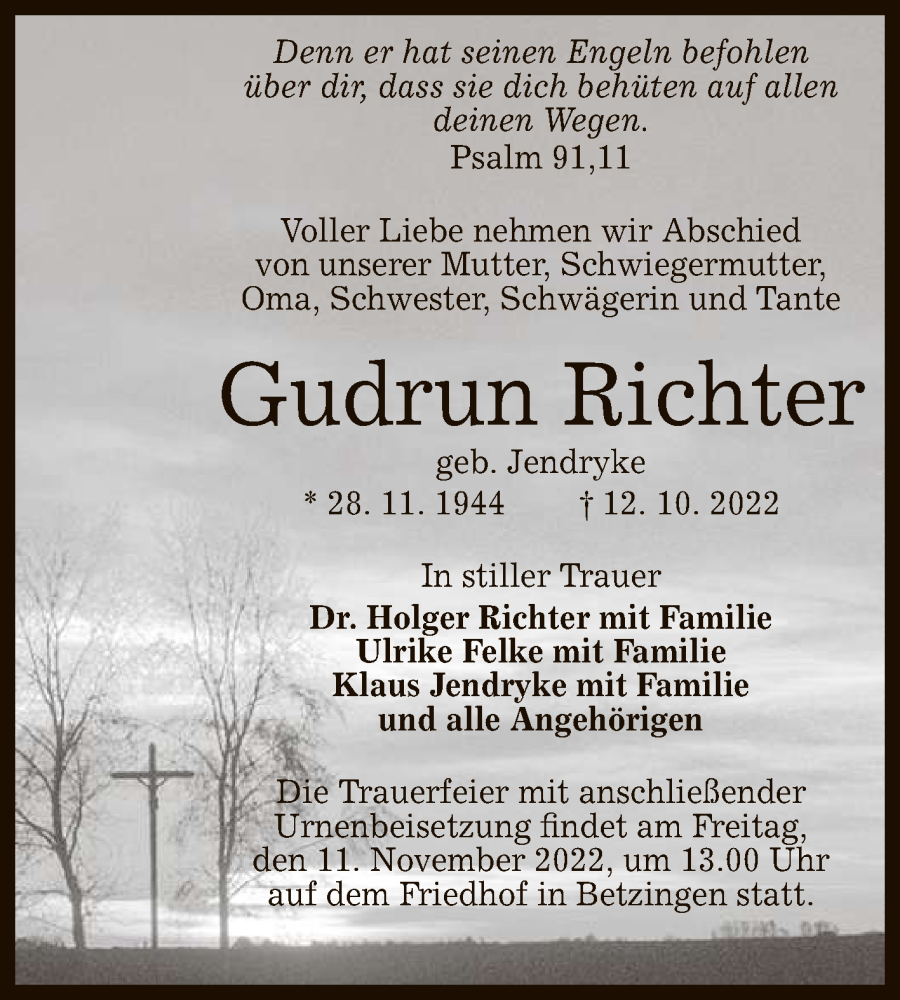  Traueranzeige für Gudrun Richter vom 05.11.2022 aus Reutlinger General-Anzeiger