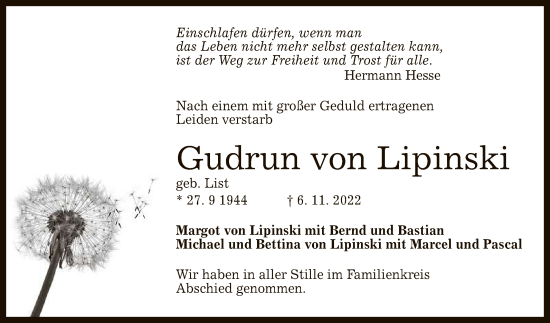 Anzeige von Gudrun von Lipinski von Reutlinger General-Anzeiger