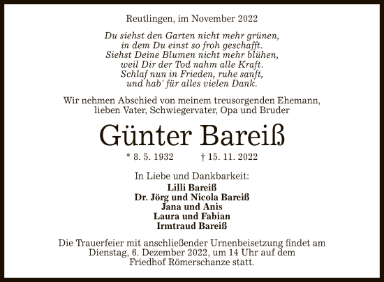 Anzeige von Günter Bareiß von Reutlinger General-Anzeiger