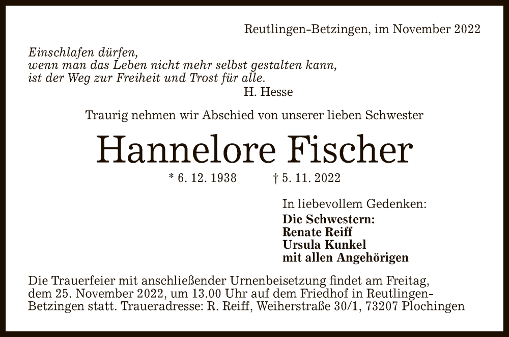  Traueranzeige für Hannelore Fischer vom 21.11.2022 aus Reutlinger General-Anzeiger