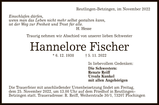 Anzeige von Hannelore Fischer von Reutlinger General-Anzeiger