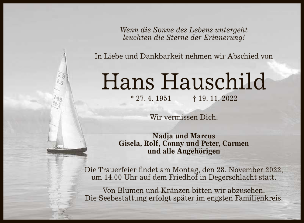  Traueranzeige für Hans Hauschild vom 23.11.2022 aus Reutlinger General-Anzeiger