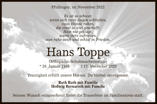 Anzeige von Hans Toppe von Reutlinger General-Anzeiger