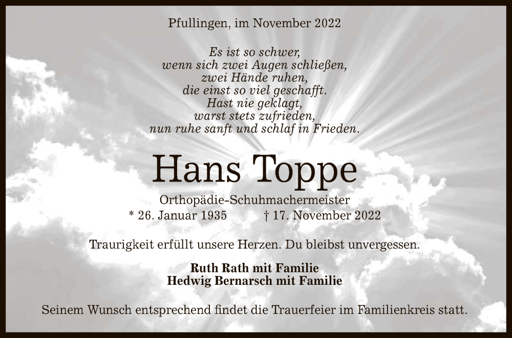  Traueranzeige für Hans Toppe vom 26.11.2022 aus Reutlinger General-Anzeiger