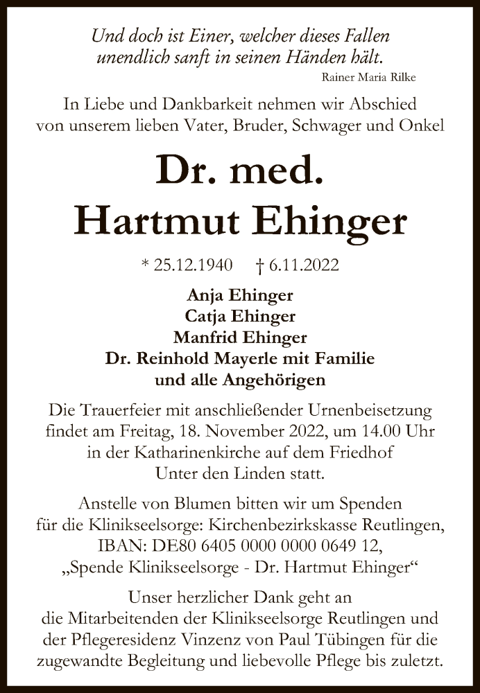  Traueranzeige für Hartmut Ehinger vom 12.11.2022 aus Reutlinger General-Anzeiger