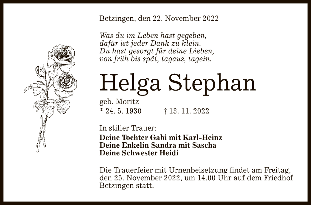  Traueranzeige für Helga Stephan vom 22.11.2022 aus Reutlinger General-Anzeiger