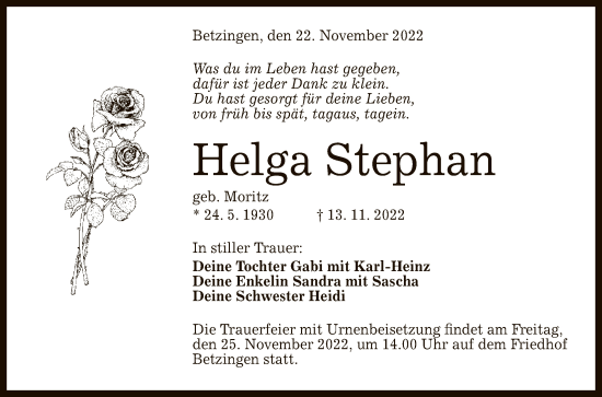 Anzeige von Helga Stephan von Reutlinger General-Anzeiger